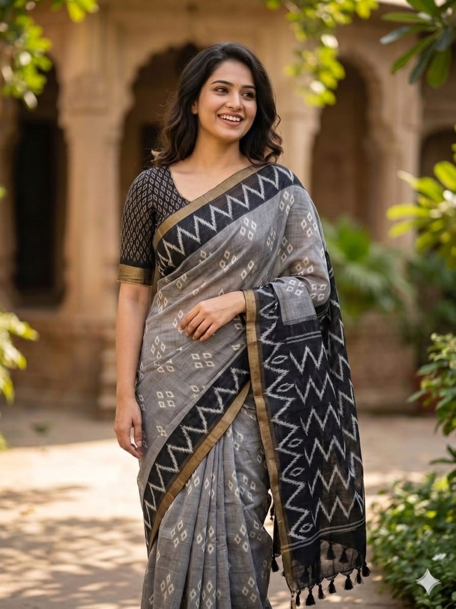 Floral Digital Print Linen with Tassel Blouse Cotton Saree